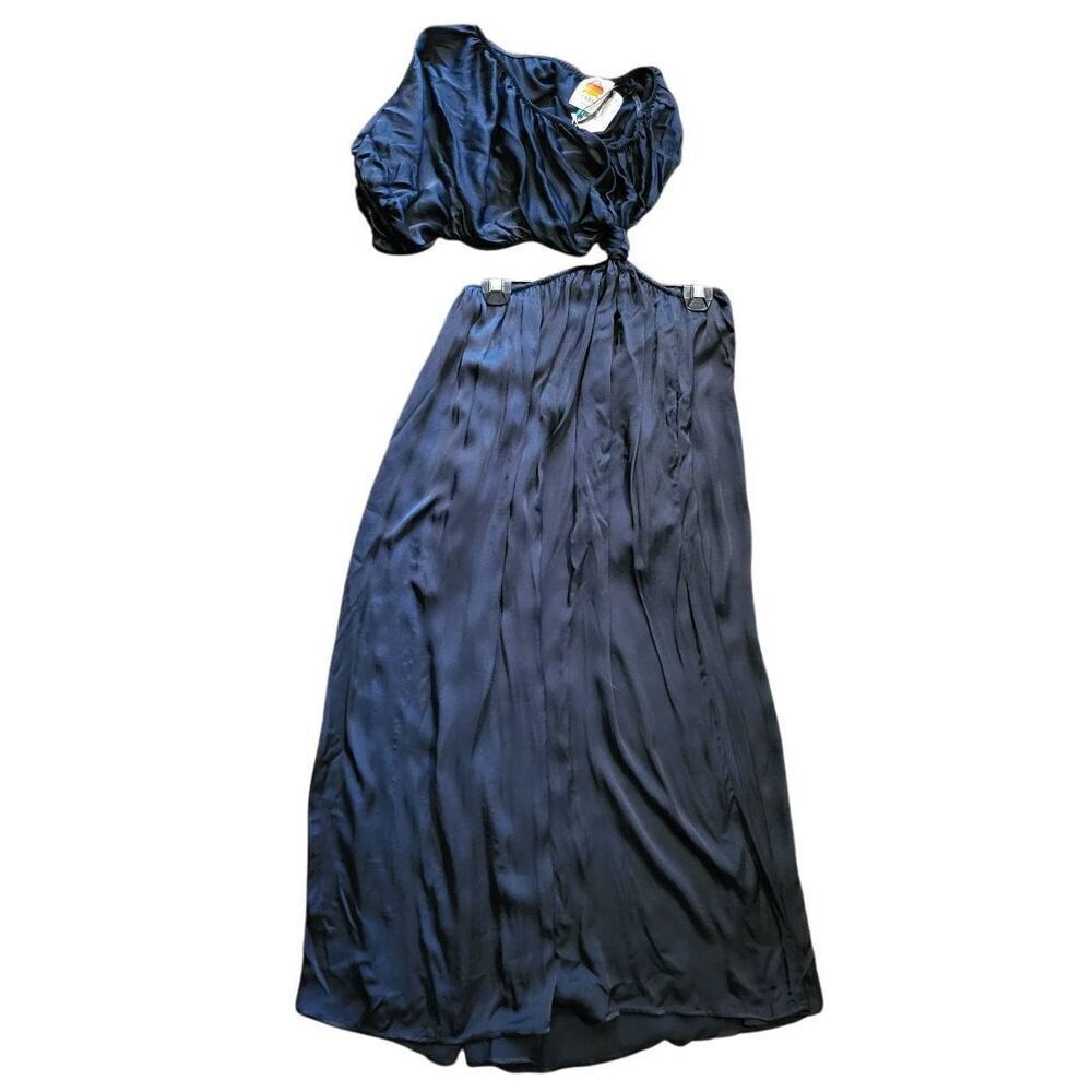 NWT Farm Rio Dress Women's Medium Black One Shoulder Midi Satin Ecovera - Picture 3 of 7